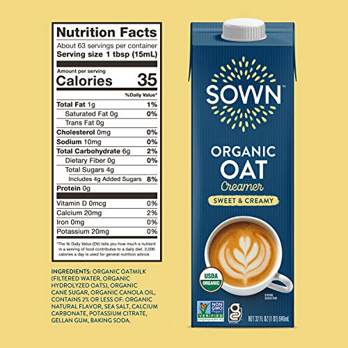 SOWN Organic Oat Creamer Sweet & Creamy - Barista Oat Milk Non Dairy Coffee Creamer - Plant Based, Dairy-Free, Vegan, Gluten-Free, Non-GMO, Shelf Stable - 32oz