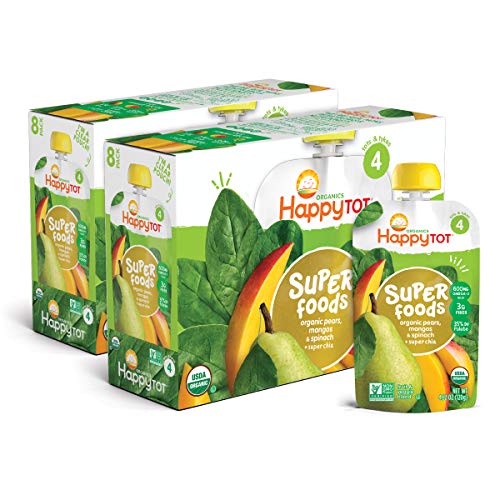 Happy Tot Organics Stage 4 Superfoods Pears Mangos and Spinach + Super Chia, 4.22 Ounce Pouch (Pack of 16) (Packaging May Vary) Non-GMO Gluten Free3g of Fiber Excellent source of vitamins A & C