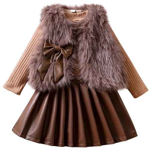 Baby Girls Cute 3 Piece Outfits Bowknot Sleeveless Faux Fur Vest Knit Sweater A-Line Pleated Mini Skirt Sets for 3-8 Years