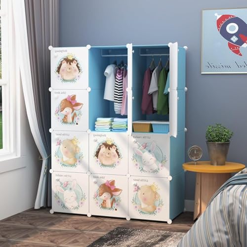 Image of Sunderlook Plastic Wardrobe for Kids Clothes - Collapsible Wardrobe, DIY Foldable Baby Almirah for Clothes, Heavy Duty Freestanding Storage Baby Cupboard for Kids (Blue-KTC1, 12 Door)