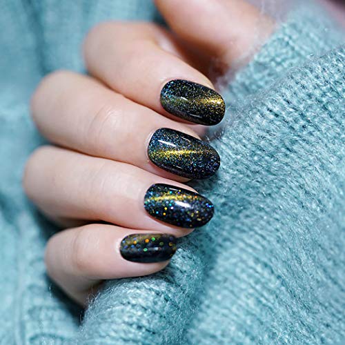 Sethexy Glossy Oval False Nails Cat Eye Green & Blue Shine Medium Full Cover Art Design 24Pcs Fake Nails Tips for Women and Girls