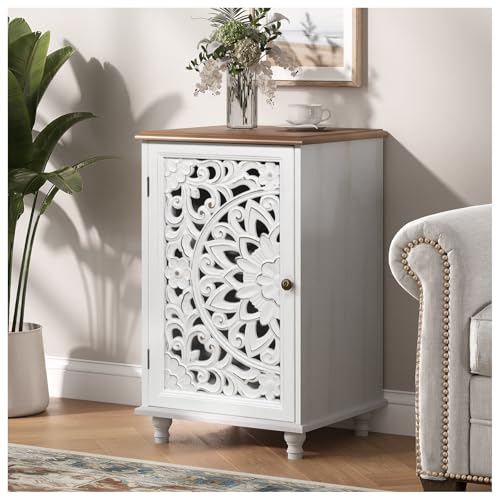 Image of End Table with Storage, 28 inch Tall White Side Table with Carved Door & Adjustable Shelf, Small Accent Cabinet with Solid Wood Legs for Living Room & Bedroom, Distressed Farmhouse Style