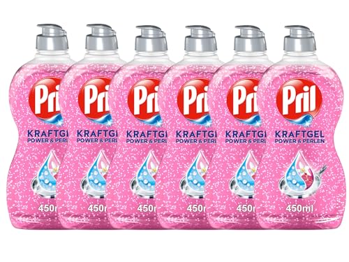 PRIL Kraft Gel Power & Perlen (6 x 450 ml), Detergente para lavavajillas a mano con alto poder desengrasante, para vajilla limpia con brillo brillante y frescura