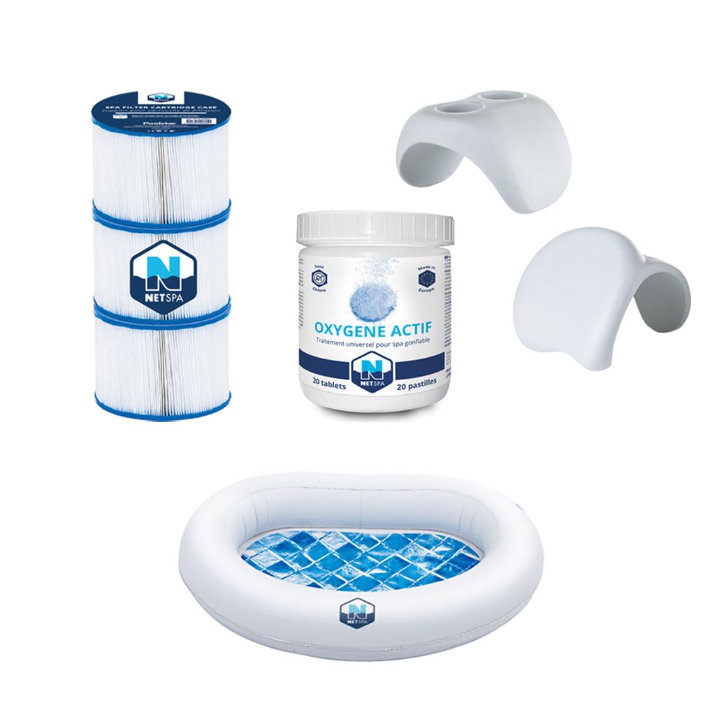 NETSPA Kit d'Accessoires pour Spa, 3 Cartouches de Filtration + 20 Pastilles d'Oxygène + Appui-tête/Porte-gobelet + Bassin Rince-Pieds