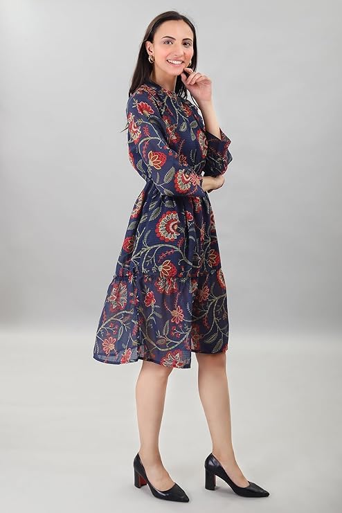 Image of A-Line Floral Printed Fit & Flared Western Brown Dress for Women | One Piece Midi Dress for Women Stylish Western Printed Dresses