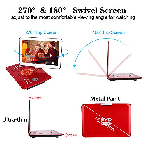 Yoohoo 16.9'' Portable Dvd Player With Remote Controller, 14.1'' Hd Swivel Large Screen,6 Hours Rechargeable Battery,Supports Sd Card..usb Port (Red) #TOP4