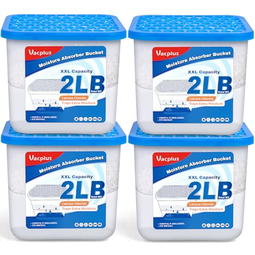 Image of 2 LB Vacplus Moisture Absorber, Strong Absorption, Fragrance Free, 4 Pack | Hi-Capacity, Wider Absorption, Closet, Bathroom, Basement, Odor Eliminator, Extra-Large Capacity Dehumidifier Bucket