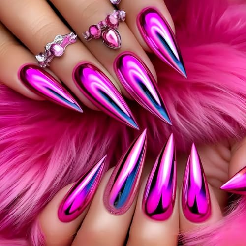 Purple Press on Nails Medium Almond Fake Nails with Metallic Chrome Designs Shiny Purple Mirror Glue on Nails Laser Full Cover Acrylic False Nails Reusable Stick on Nail for Women 24Pcs