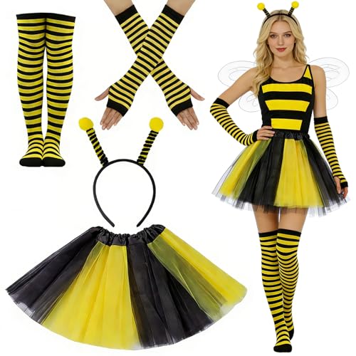 DIANLIANG Déguisement Abeille Femme avec Serre-Tête abeille, Jupe en Tulle, Chaussettes et Gants Costume d'abeille pour Adulte Femme Carnaval