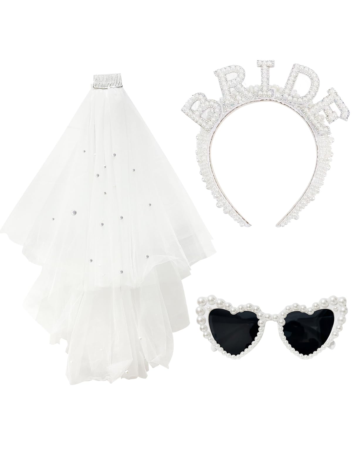 Koeilay Pearl Bride Headband with Veil Heart Shaped Pearl Sunglasses for Bachelorette Party Decorations Bride Accessories Bridal Shower Gift