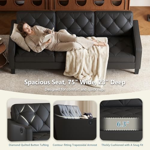 Image of 83 inch Black Faux Leather 3 Seater Couch, Mid Century Tufted Sofa Living Room | STHOUYN Office Couch, Tufted Design, High Resilience Foam, 700 lb Capacity, Easy Assembly, Waiting Room Area, Small Couches