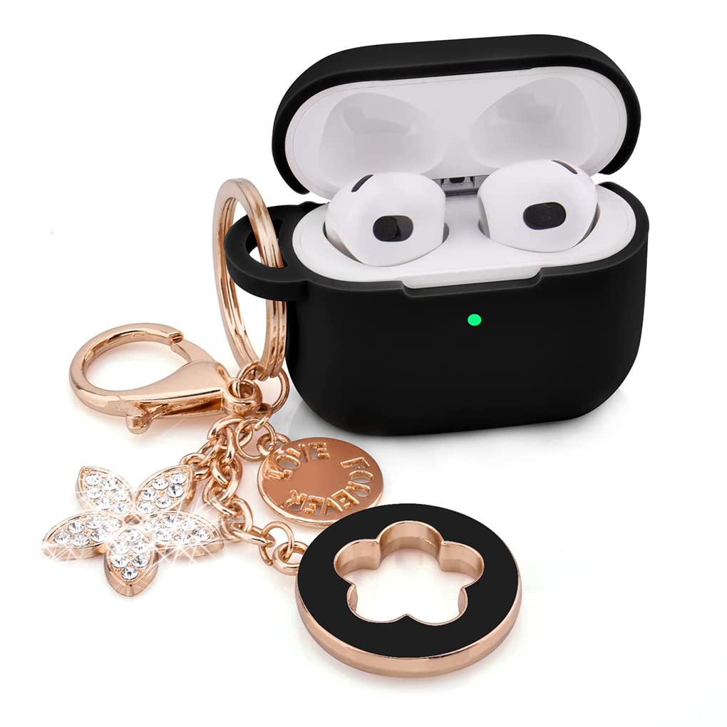 Goodern Compatible with AirPods 3 (2021), Silicone Protective Case with Bling Keychain, Cute Wireless Charging Case - Black