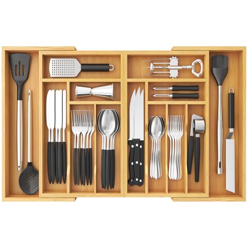 Lifewit Grand Range Couverts Extensible de 53,3 jusqu'à 91,4 cm de Large, Rangement Couvert Tiroir Cuisine, Organisateur en Bambou pour Couverts, Cuillères,...