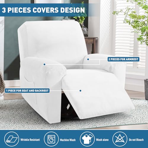Image of ZNSAYOTX 2026 Velvet Oversized Recliner Cover 3-Piece, Luxury Plush Recliner Chair Covers with Elastic Band & Ties Stay in Place, Stretch Reclining Slipcover for Lazy Boy Soft Washable (White)