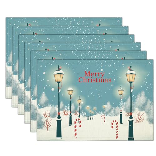 Mantel Individual De Navidad,Juego De 6Pcs Salvamanteles Azul Blanco Copo De Nieve De Farola Ilustraciones De Paisajes Lavables Lino Resistentes Al Calor Antideslizantes para Mesa De Navideño