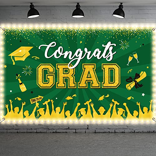 Image of Green Graduation Banner with Led-Light Strips Decor 71 inch x 43 inch Class of 2024 Graduation Backdrop Banner Congrats Grad Party Decorations for 2024 Graduation Party Background Supplies