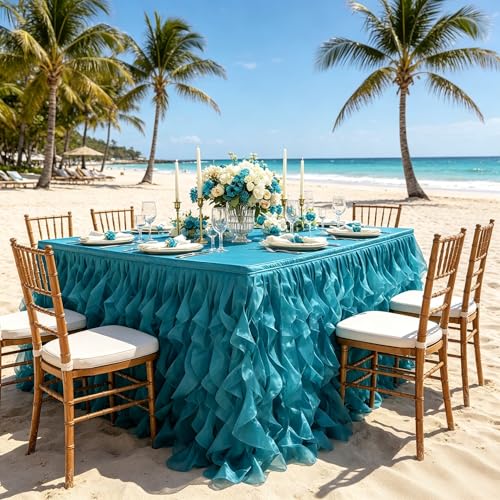 Image of Luxury Organza Mesh Table Skirt Draping Floating Romance - Perfect for Bridal Showers, Birthday Weddings - Clear Flowing Decoration for a Wonderful Main Cake Table (Peacock Blue-6ft, 72 inchLx30 inchH)