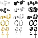 KWUNCCI 15 Pairs Earrings for Men, Black Silver 14K Gold Plated Stainless Steel Earrings Stud Hoop for Men Women, Fashion Ear Piercing Jewelry Cross Dangle Hoop Earrings Set