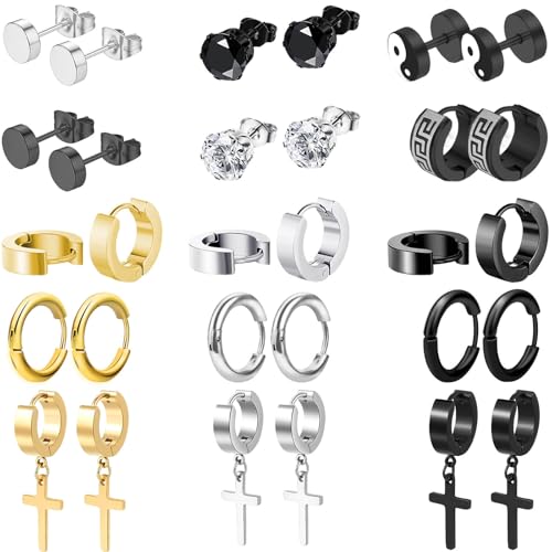 15 Pairs Earrings for Men, Black Silver 14K Gold Plated Stainless Steel Earrings Stud Hoop for Men Women, Fashion Ear Piercing Jewelry Cross Dangle Hoop Earrings Set