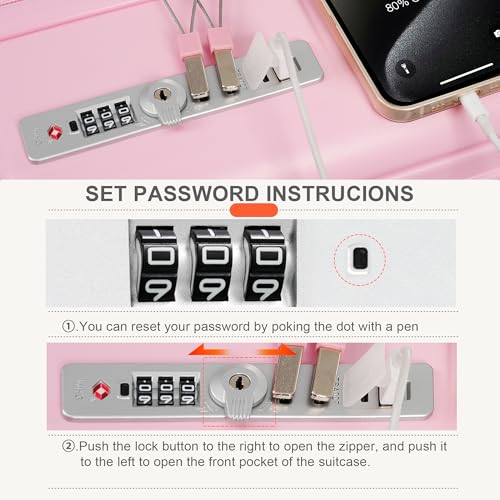 Merax Luggage Set of 3, 20, 24, 28inch with USB Port, 20, 24inch with Front Opening Design Airline Certified Carry on Luggage with Cup Holder, ABS Hard Shell Luggage with Spinner Wheels, ABS+Pink2