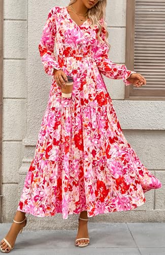 BTFBM Women Fall Dresses 2025 Casual Long Sleeve V Neck Maxi Dresses Floral Boho Long Dress Wedding Guest Dress