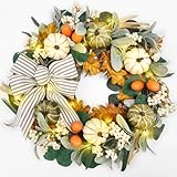 20'' Fall Wreath with Lights, Eucalyptus Pumpkins Autumn Wreaths for Front Door, Fall Decor, Porch Wall, Home Outdoor Holiday Decorations for Autumn (Wreath)