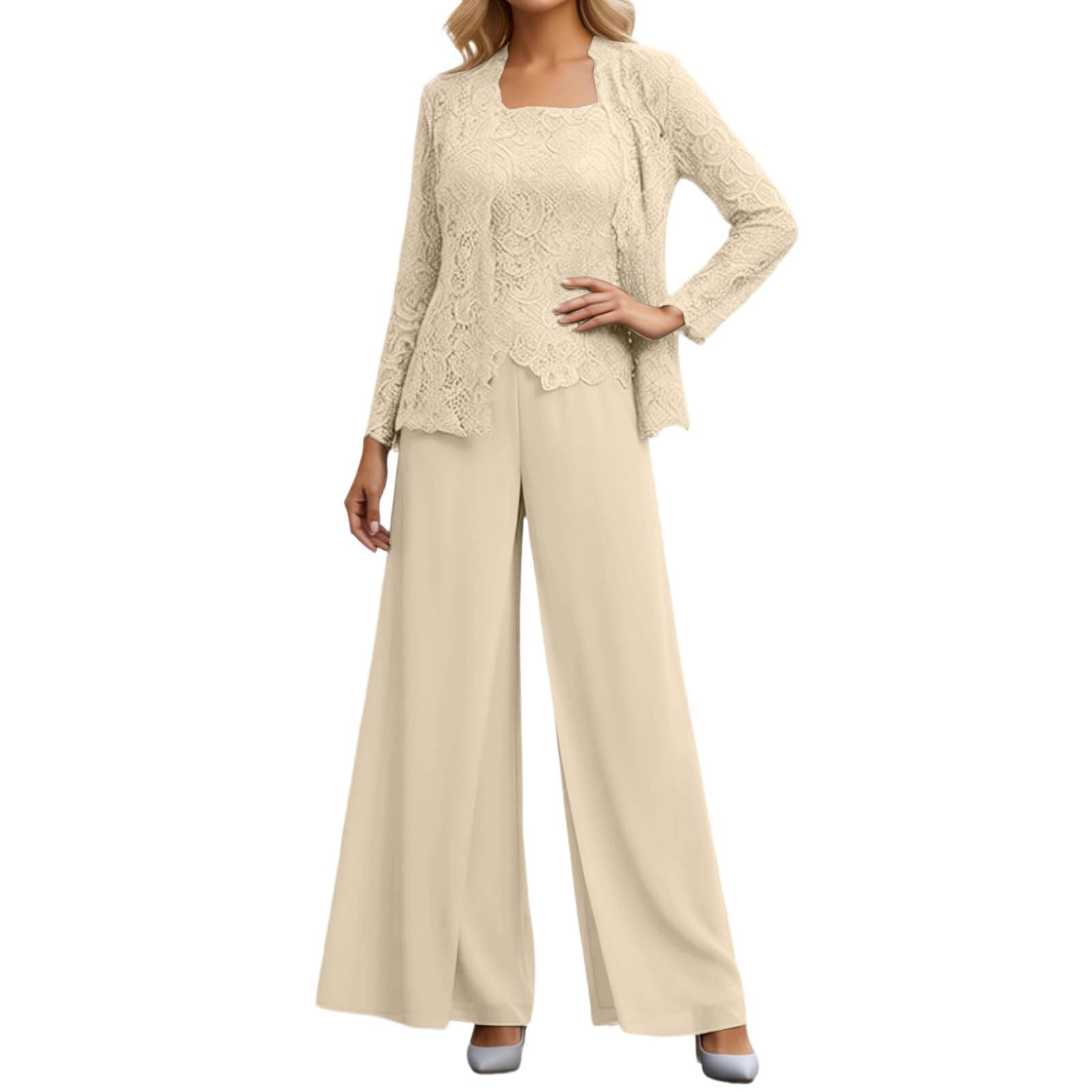 Generisch Ensemble 3 pièces pour femme - En mousseline de soie - Élégant débardeur en dentelle + cardigan à manches longues + pantalon large - Costume tendance pour invité de mariage et soirée