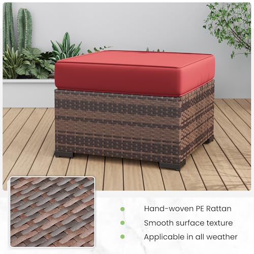 Image of Amopatio 2 Pieces Outdoor Ottoman for Patio, Foot Rest for Couch, All Weather Outdoor Patio Footstool Rattan Patio Ottoman with 4 inch Thick Removable Cushion (Burgundy)