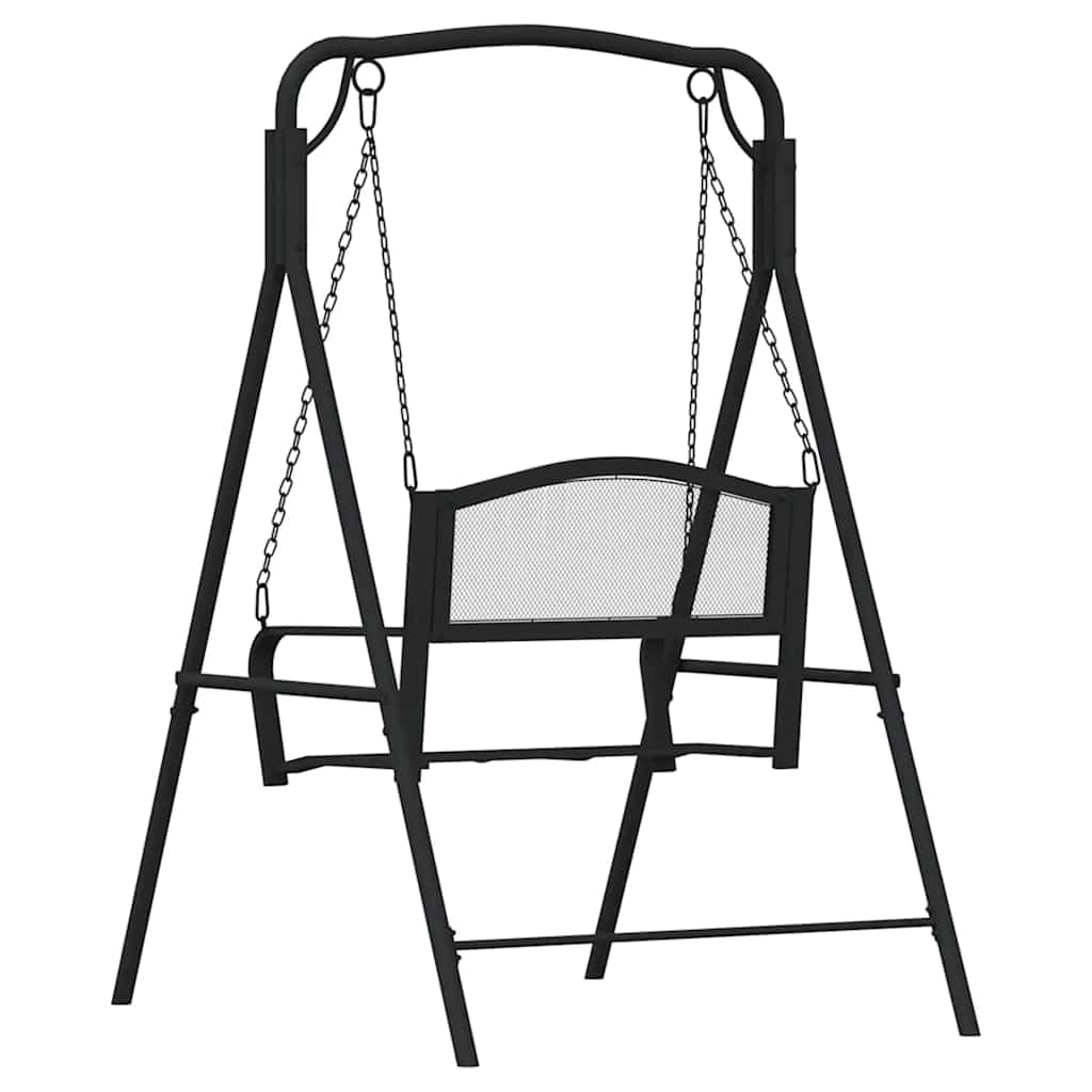 Huśtawka ogrodowa ze stali, czarna, 124 cm, z oparciem i podłokietnikami, odporna na warunki atmosferyczne, na taras, balkon, werandę, relaks