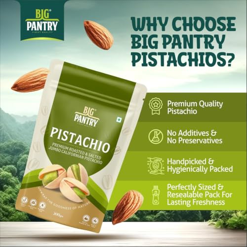 Image of BIG Pantry Premium Roasted & Salted California Pistachios 200g | Jumbo Shelled Pista | Crunchy Protein-Rich Dry Fruits | Gluten Free | Resealable Freshness Pouch (Pack Of 5)