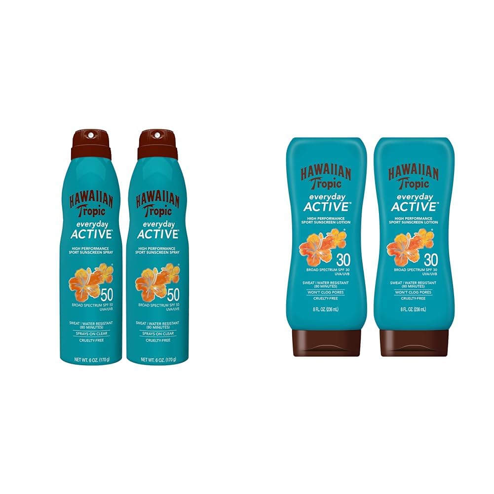 Hawaiian Tropic Everyday Active Spray SPF 50 6oz Twin Pack and Everyday Active Lotion SPF 30 8oz Twin Pack Sunscreen
