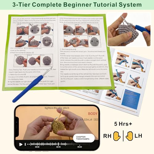 Image of LuNuaFvy Bunny Family | Starter Kit: Make 5 Bunnies, Video & Paper Guide, Split-Resistant Yarn, 2 Size Hooks, Eggs, Bracelet, Zipper Bag, Gift
