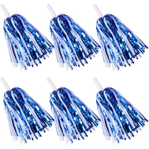 6 Pcs Blue White Cheerleading Pom Poms - School Spirit Shakers Metallic Foil Cheering Pompoms Cheer Pom with Baton Handle Plastic Squad for Adults Team Spirit Sports Party Cheering (6 Blue White)