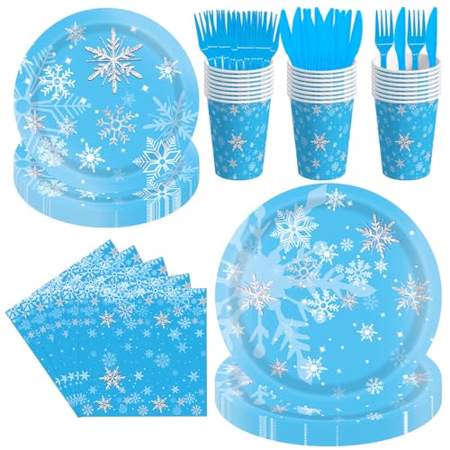144PCS Snowflake Birthday Party Supplies Frozen Birthday Party Supplies Winter Wonderland Party Decorations Snowflake Christmas Party Tableware Set Snowflake Plates Napkins Cups Forks Knives Serve 24