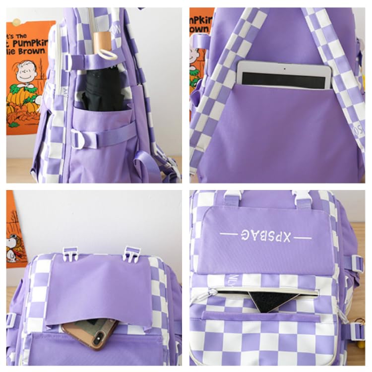 Y2k Checkered Backpack Set with Pendant Cute Trendy Japanese College Preppy Backpack Aesthetic Accessories (Green,One Size)4
