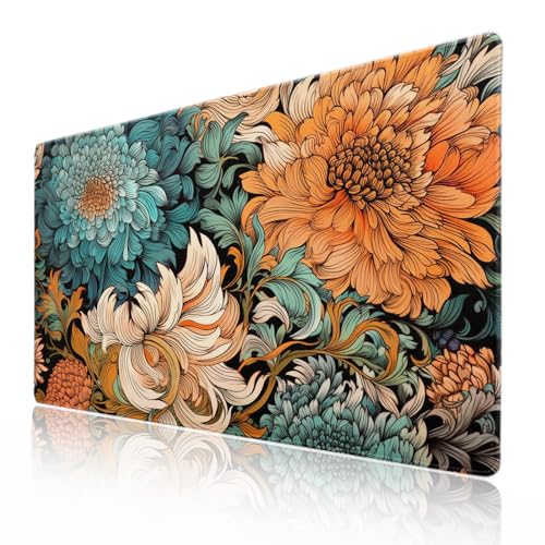 aportt Minimalistisches Gaming-Mauspad mit Blumenmuster, XXL, Teal, Multicolored, rutschfeste Gummiunterseite, genähte Kanten, 35,1 x 39,9 cm