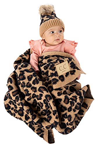 Image of Funky Junque Print Baby Blanket with Beanie Soft Warm 30x35in for Leopard Stroller - Leopard Print - Single Pom - Latte