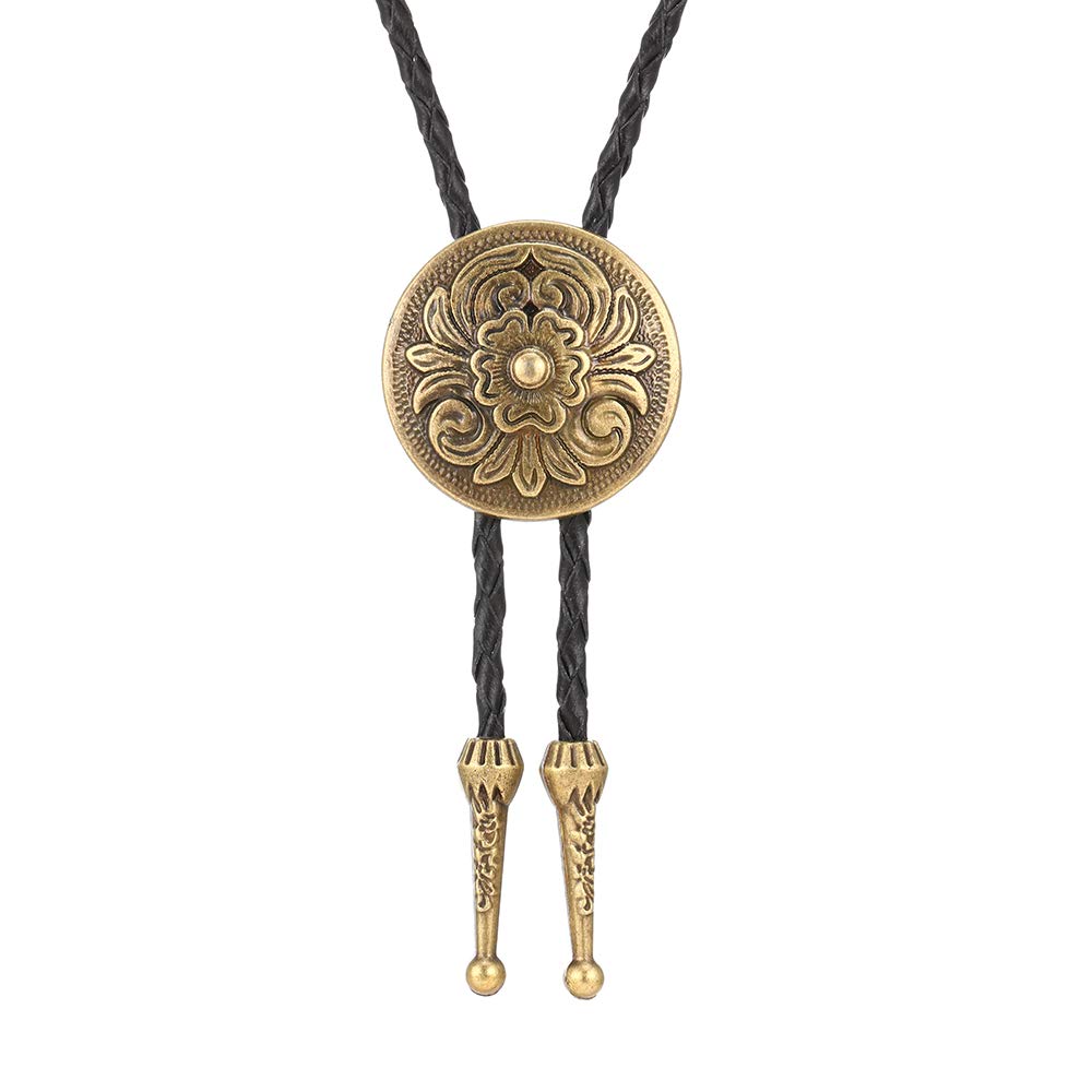 HOEACXY Mens Bolo Tie Native American Cowboy Retro Bull Longhorn Bola Ties Handmade Necktie Costume Accessories, Hbl006-flower-gold, common