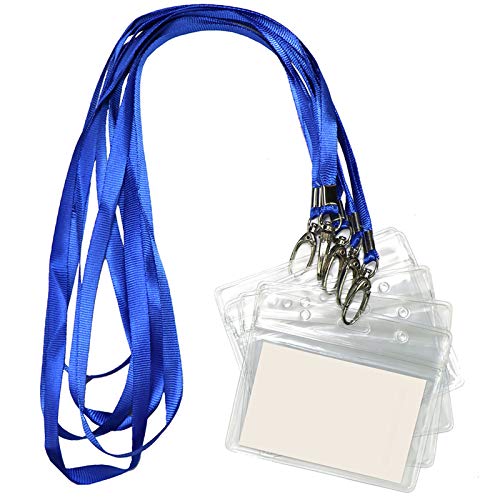 Lanyard with ID Holder 50 Pcs Waterproof Name Tag Horizontal Badge ID Card Holders ID Pass Holder and 50 Pcs Flat Neck Blue Lanyards Swivel Hook
