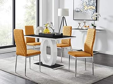 Furniturebox UK Dining Set - Giovani Dining Table and Milan Chairs Set Of 4 - Contemporary High Gloss and Glass Table with Modern Milan Chairs (White Dining Table + 4 Mustard Milan Chairs)