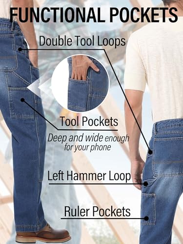 Mens Carpenter Jeans Double Knee Denim Cargo Pants Relaxed Fit3