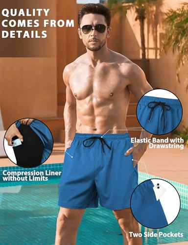 Mens Swim Trunks with Compression Liner 7 Inch Inseam Quick Dry Swim Shorts Mens Bathing Suit Board Shorts with Pockets 2 in 1 Blue XL4