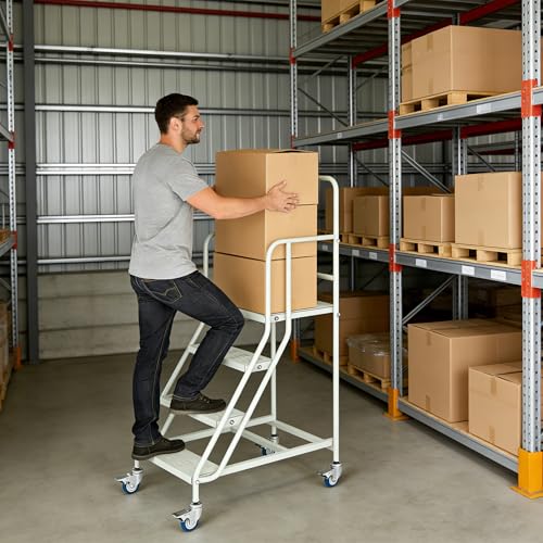 Image of 4 Step Rolling Ladder with Handrails, Industrial & Warehouse Stairs with Wheels, 485LBs Capacity Non-Slip Platform Ladder for Garage, Library, Supermarket, 445LBs Capacity