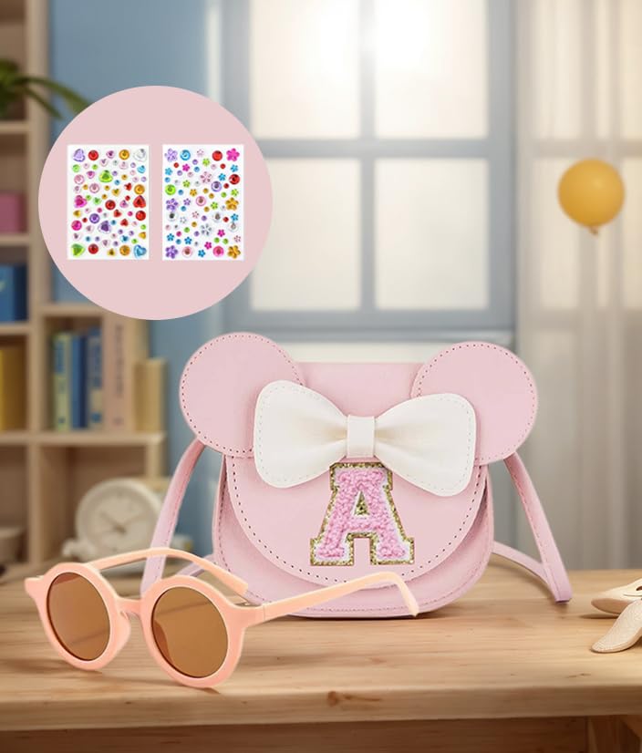 Small Purse Set with Shades, Mini WalletCute Mouse Ear Bow Crossbody Shoulder Purse, Mini Letter Wallet Set Include Shades Stickers