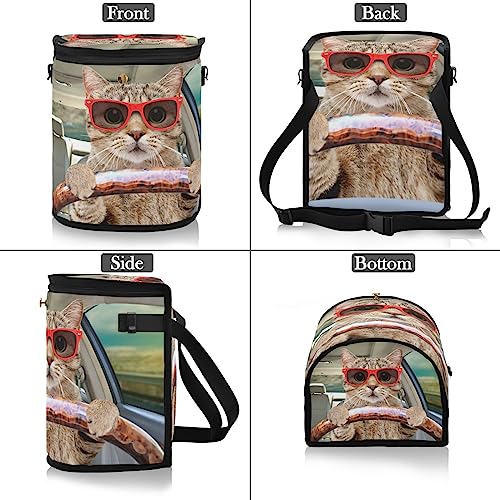 Image of Fun Cute Cat Driving Car Trash Can Car Garbage Bag with Lid Hanging Waterproof Leak Proof Vehicle Storage Bin