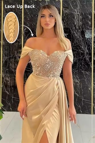 Off Shoulder Prom Dresses Long Mermaid Ball Gown 2024 Satin Beaded Slit Bridesmaid Formal Evening Dress for Women2