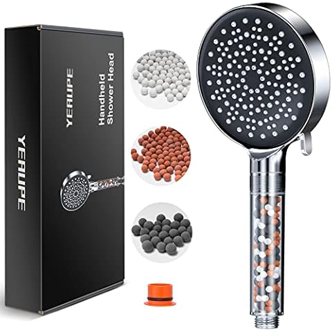 YEAUPE Filter Shower Head with Handheld - High Pressure 6 Modes Water Saving Rain Shower Head for Hard Water Low Water Pressure with Anti-limescale Silicone Nozzles (Shower Head without Hose), Chrome Cover