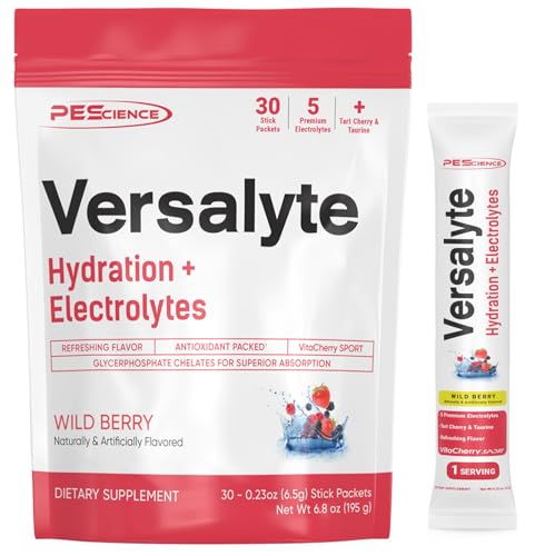 Image of PEScience Versalyte Electrolyte Hydration Packets, Sugar Free Electrolyte Powder with Magnesium, Taurine, Antioxidants, Trace Minerals, Low Sodium - Wild Berry with Stevia, 30 Servings