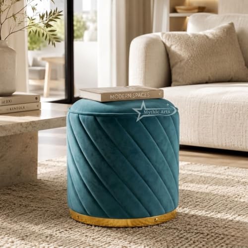 Image of Ottoman Stool, Puffy Stool, Sitting Stool, Modern Upholstered Round Ottoman, Dressing Table for Living-Aqua