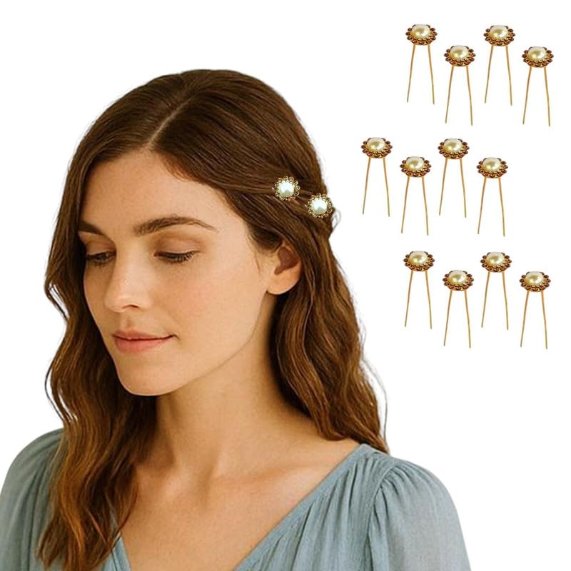 Hair Flare Decorative Hair Pins for Women – Bridal & Party U-Pins with Pearls | Set of 12 | Elegant Bun & Hairstyle Accessories | Model: 3046 | Golden